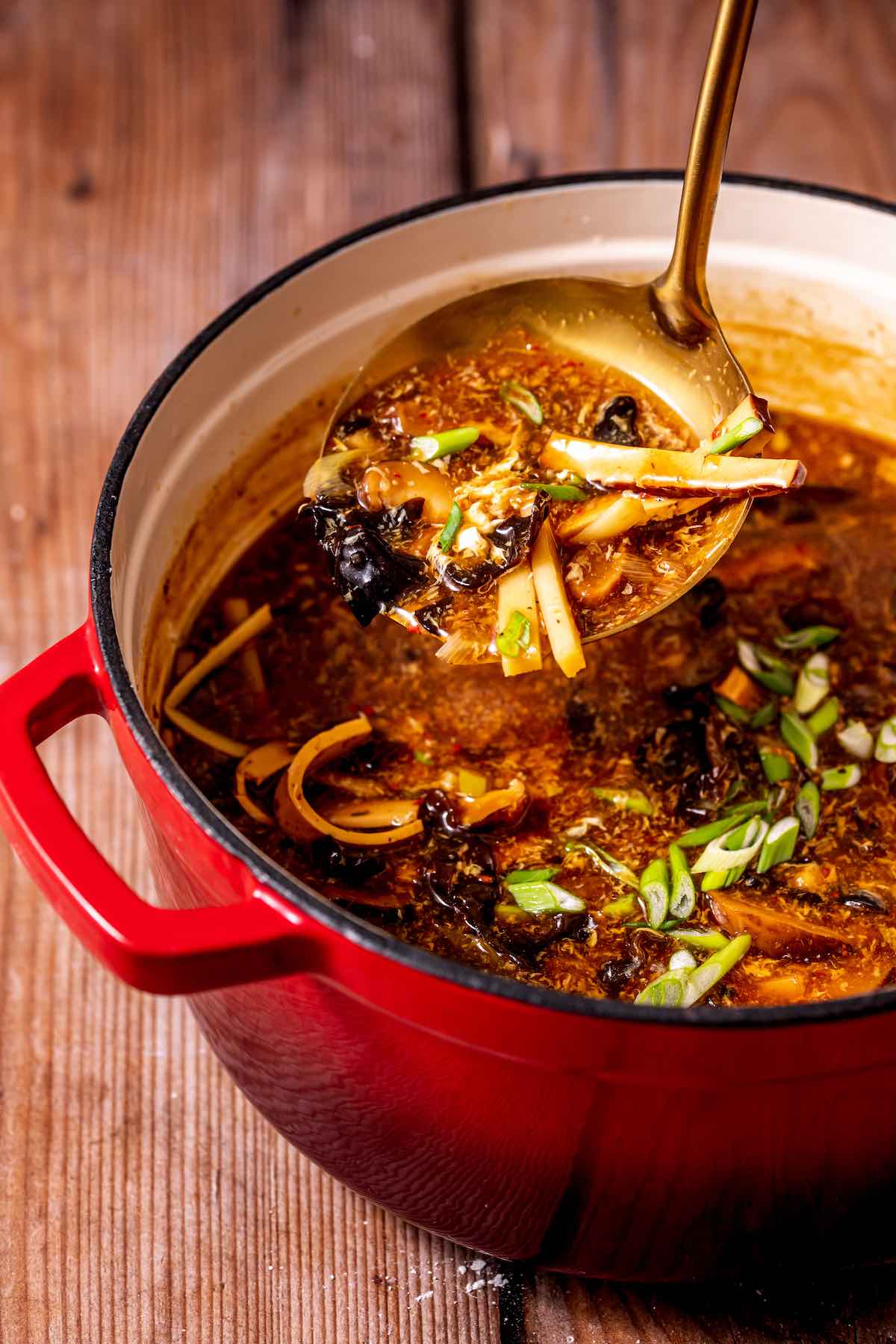 homemade hot and sour soup in a Dutch oven.