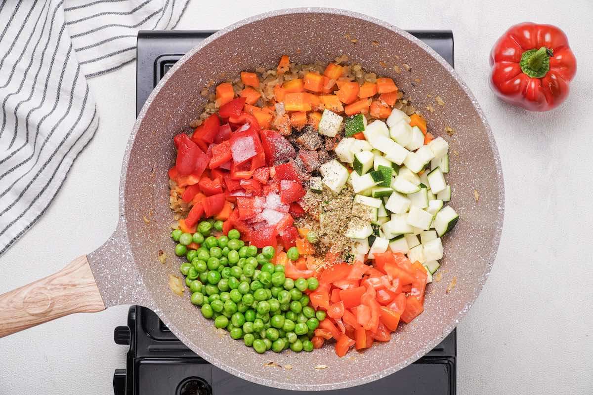 raw chopped vegetables in a skillet.