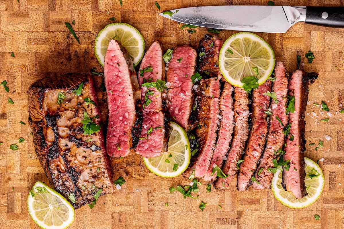 sliced and seasoned skirt steak.