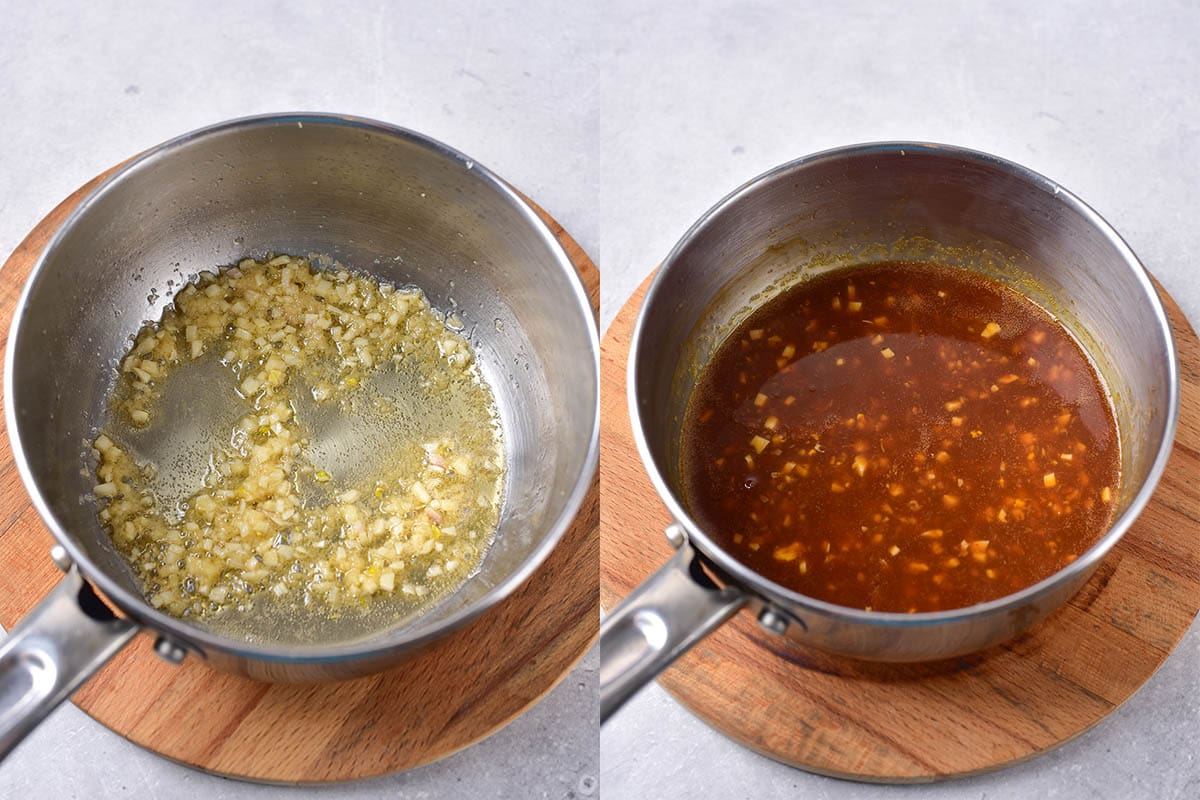 homemade orange sauce in the saucepan.