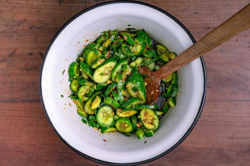 assembled cucumber salad with Asian dressing.