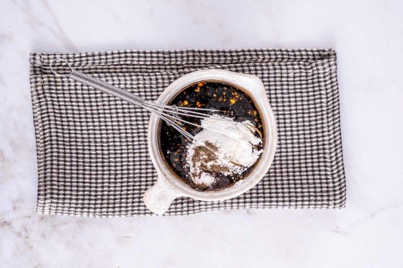 chow mein sauce in a mixing bowl.