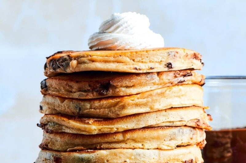 stack of chocolate chip pancakes.