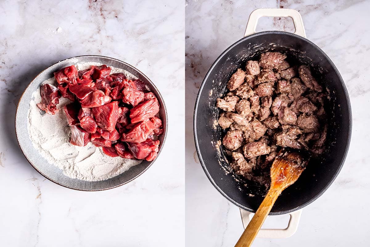 browning seasoned beef in a pot.