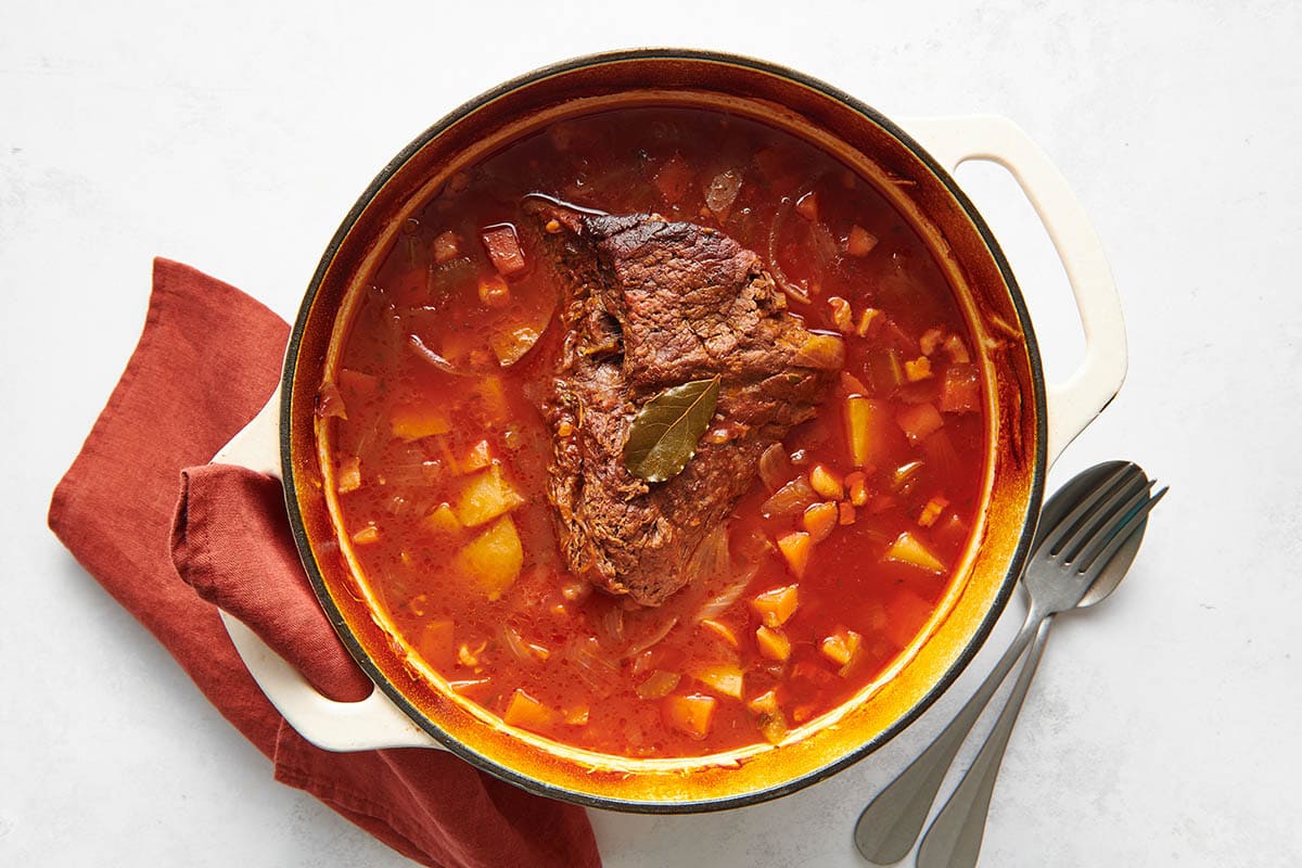 cooked Pot roast in Dutch oven.