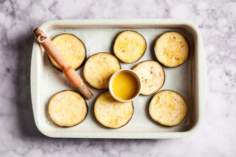 sliced and oiled raw eggplant.