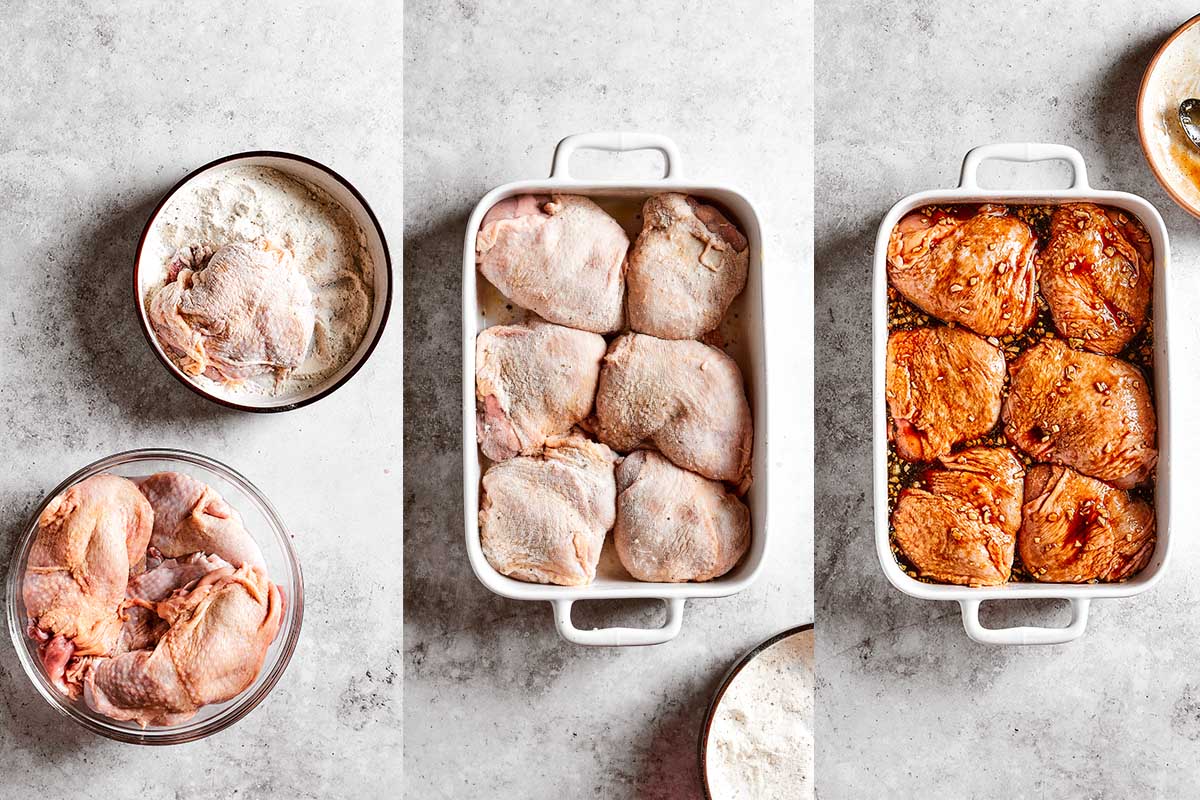 seasoning raw chicken thighs and placing them in the baking dish.