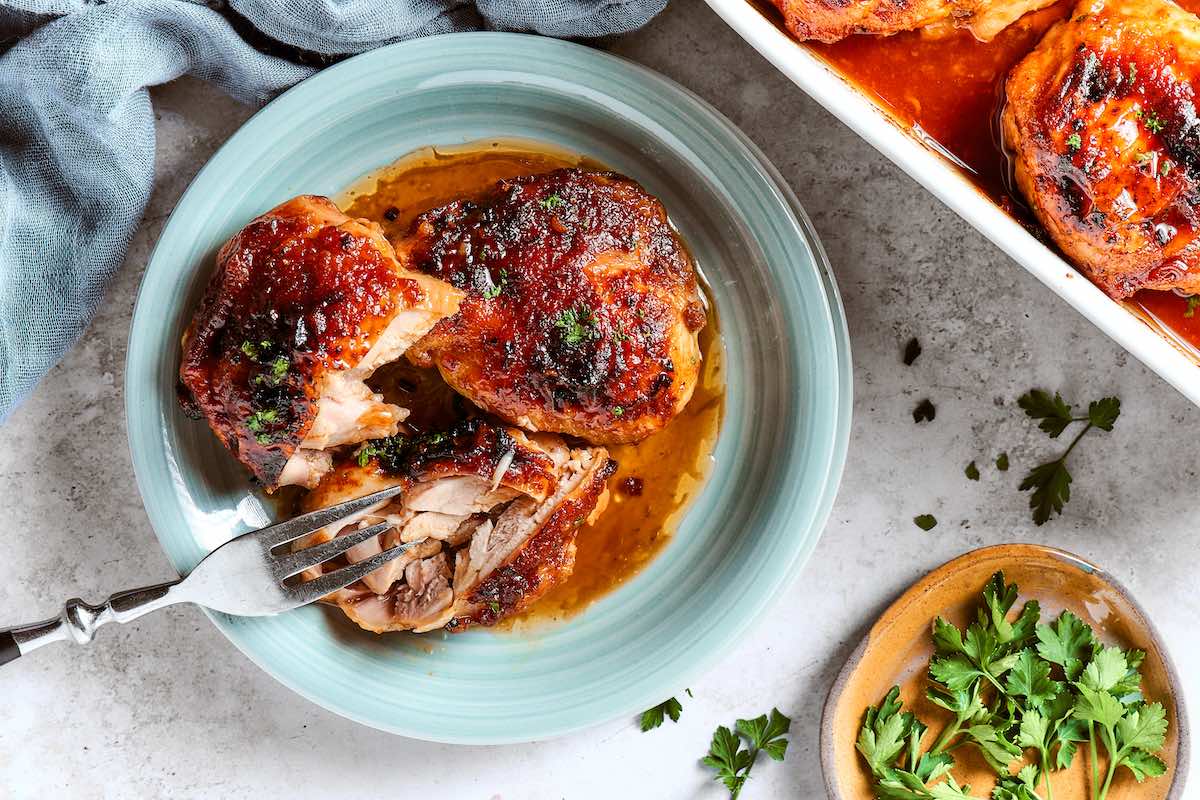 baked honey garlic chicken thighs.