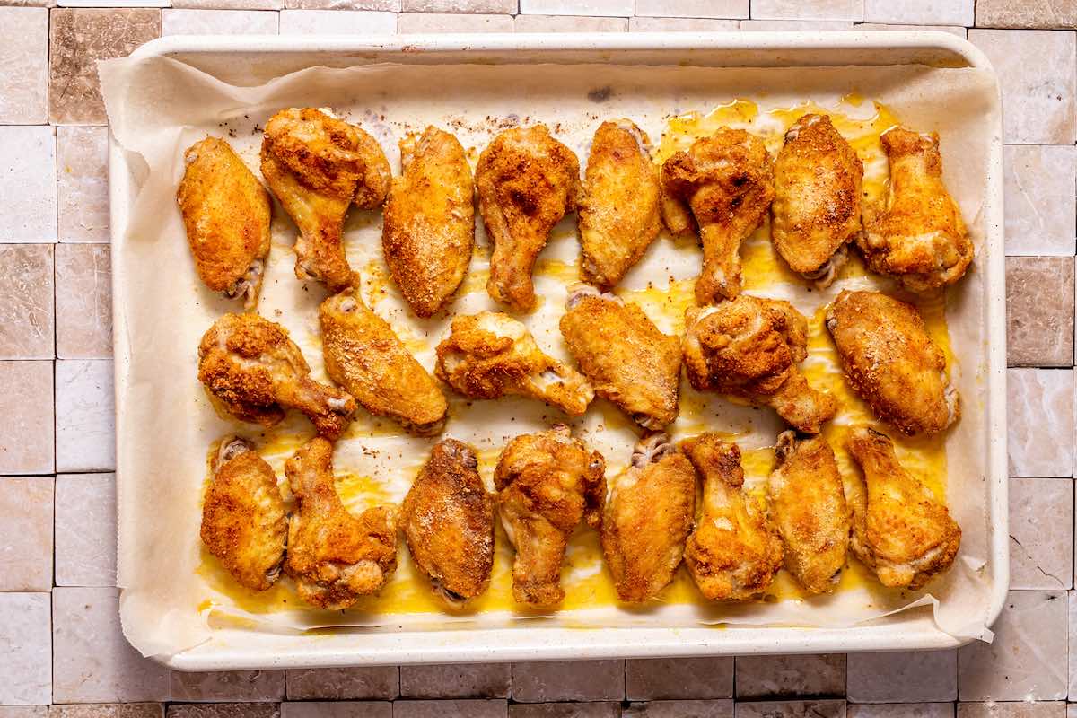 baked chicken wings on a baking dish.