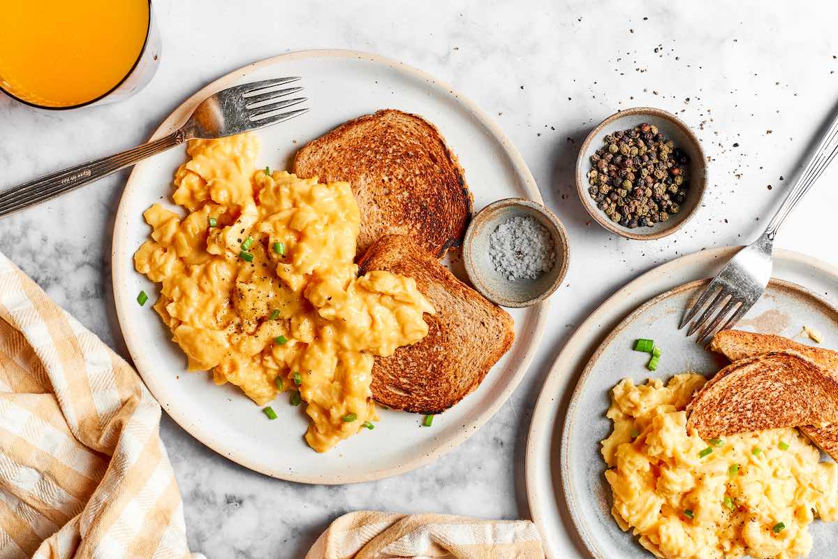 microwaved scrambled eggs with toast.