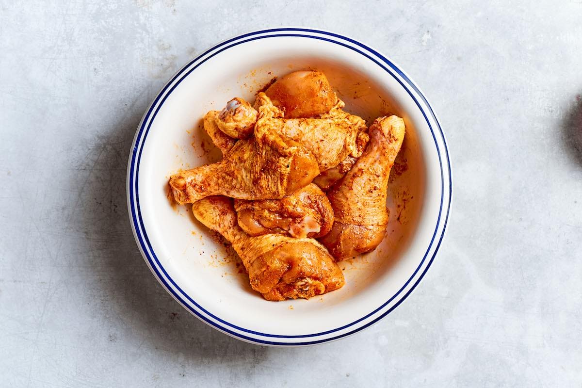 seasoned chicken drumsticks and thighs.