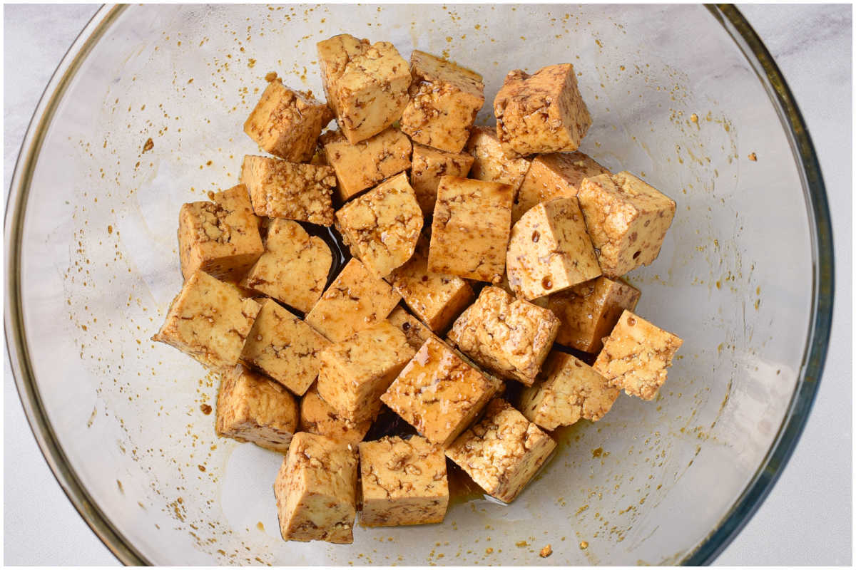 tofu in marinade in a bowl. 