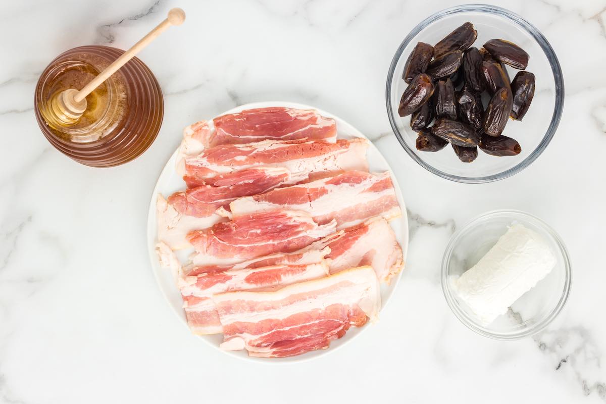 ingredients for bacon wrapped dates with goat cheese.
