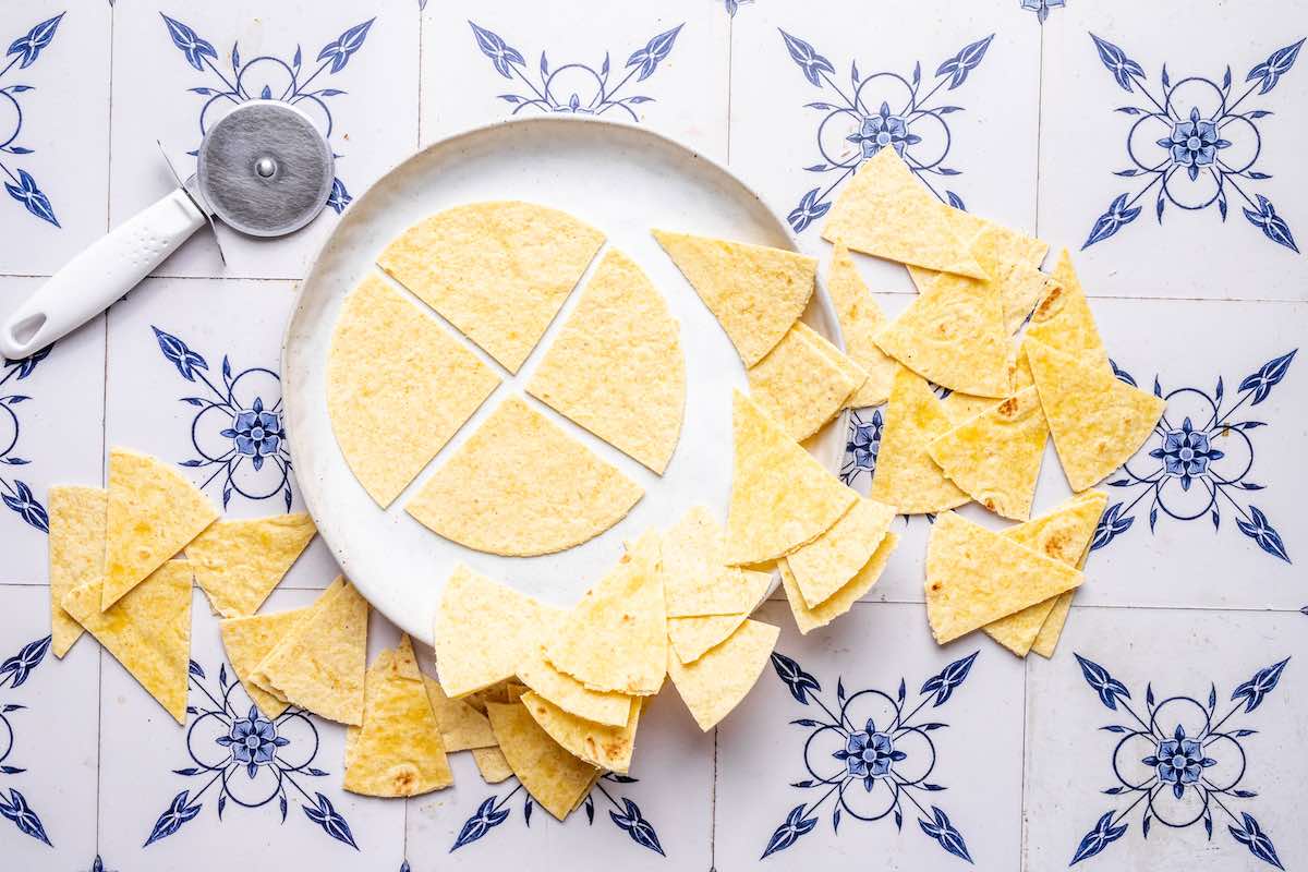 sliced tortillas on a plate.