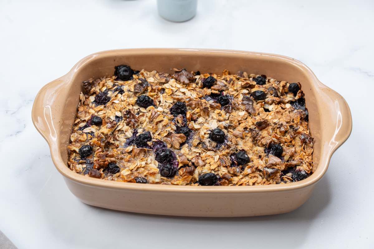 blueberry oatmeal bake in a baking dish.