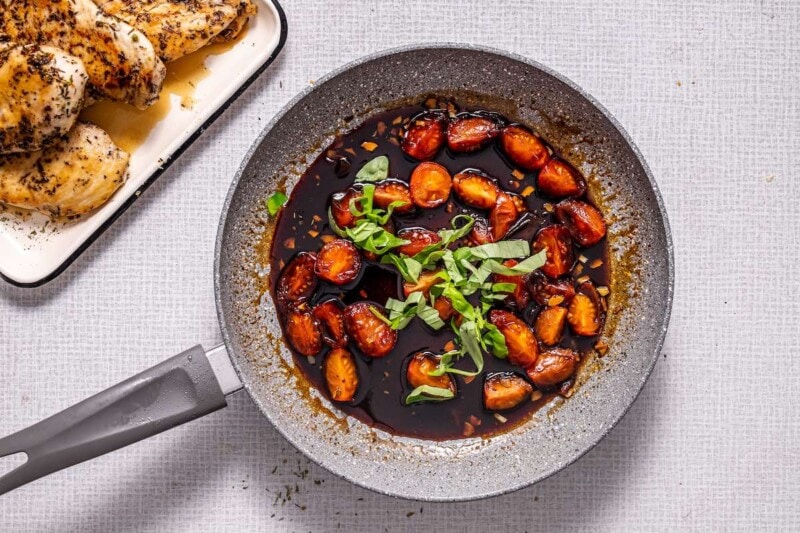 homemade balsamic reduction in a skillet.