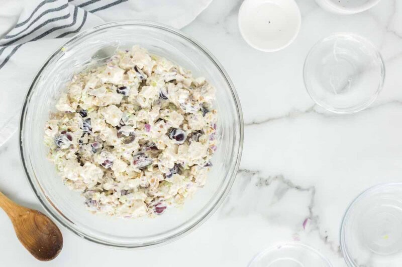 chilled chicken salad in a bowl.