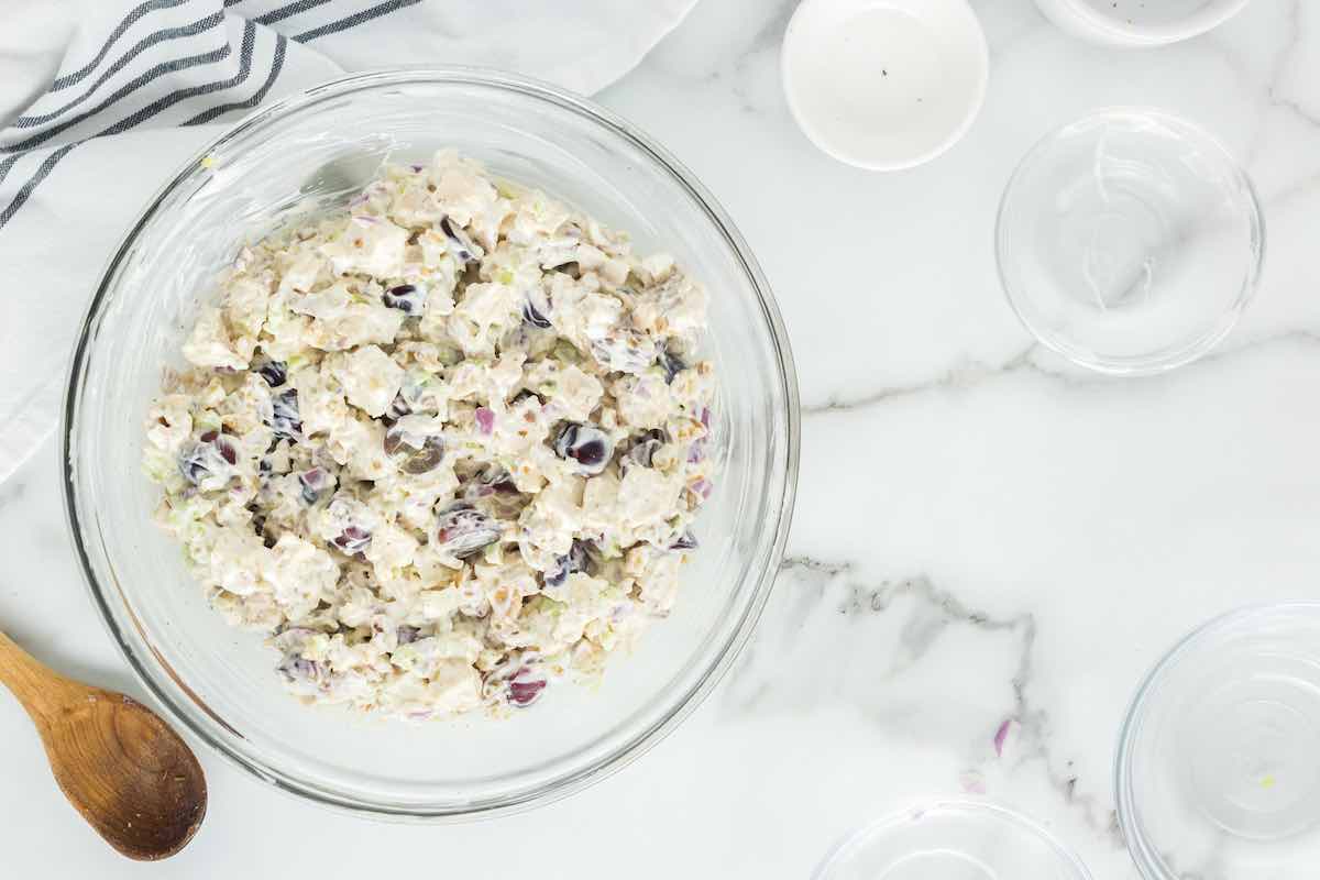 chilled chicken salad in a bowl.