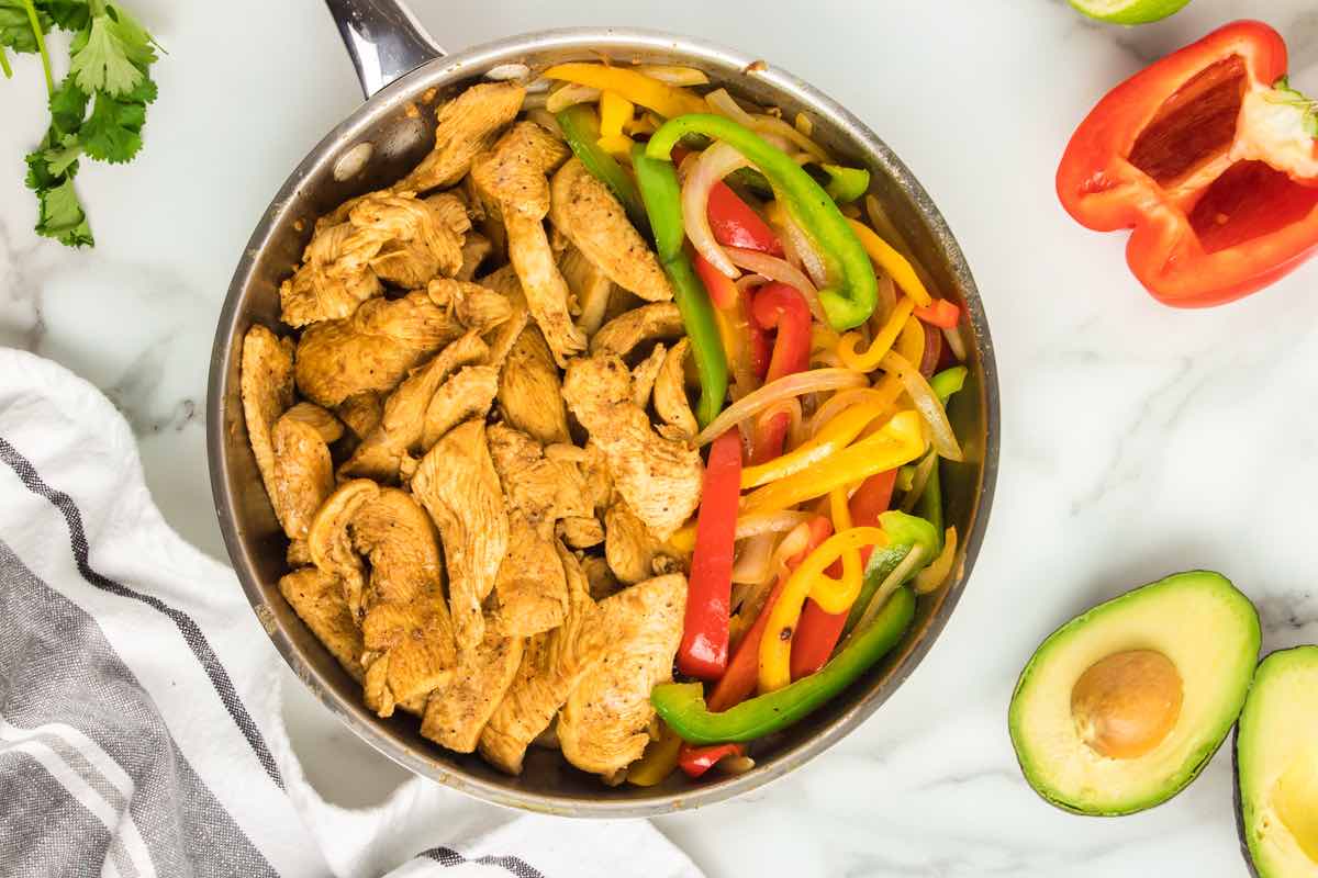 chicken and vegetables cooked in fajita marinade.