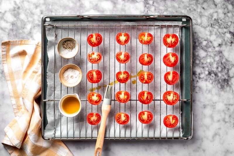 raw seasoned and halved cherry tomatoes.