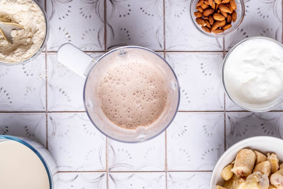 protein smoothie blended in a blender.