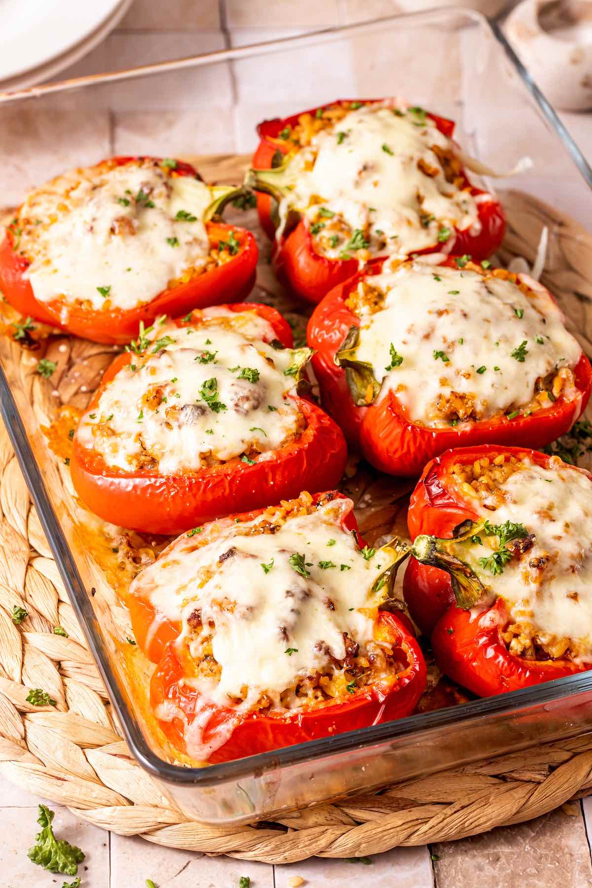 baking dish with Italian stuffed peppers.