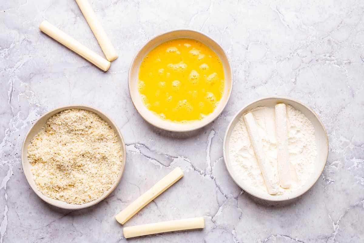 string cheese dipped in flour and bread crumbs.