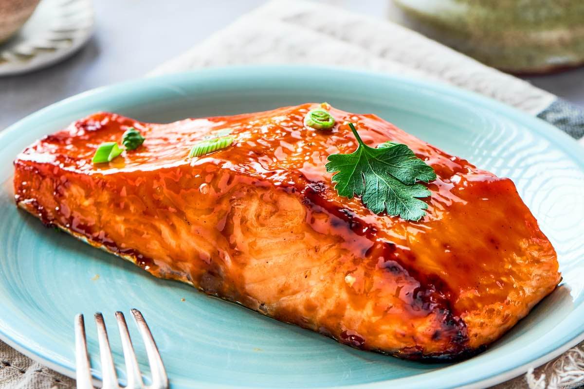 air fried salmon on a plate.