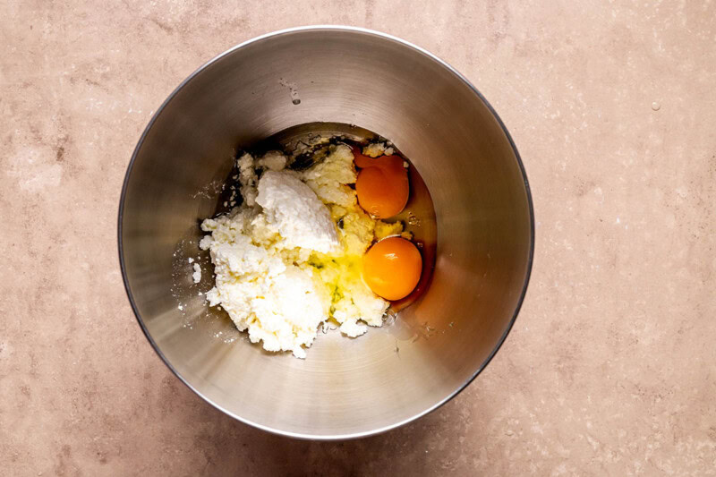 eggs, cottage cheese, and seasonings in a stand mixer.