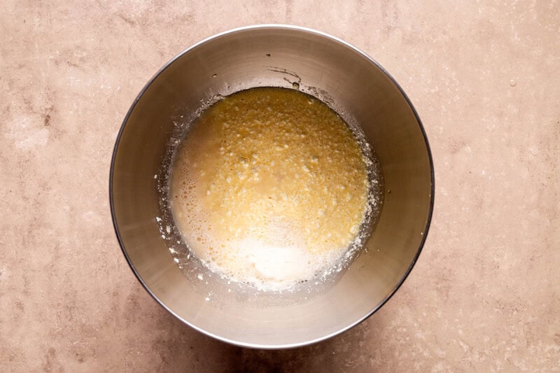 yeast and liquids in mixing bowl.