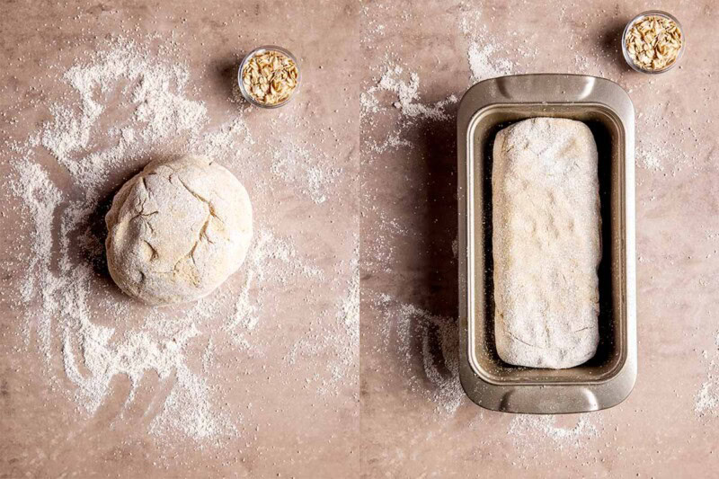 shaped dough in loaf pan.