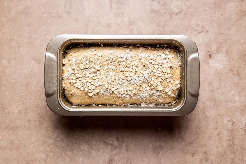 assembled loaf in loaf pan ready to bake.