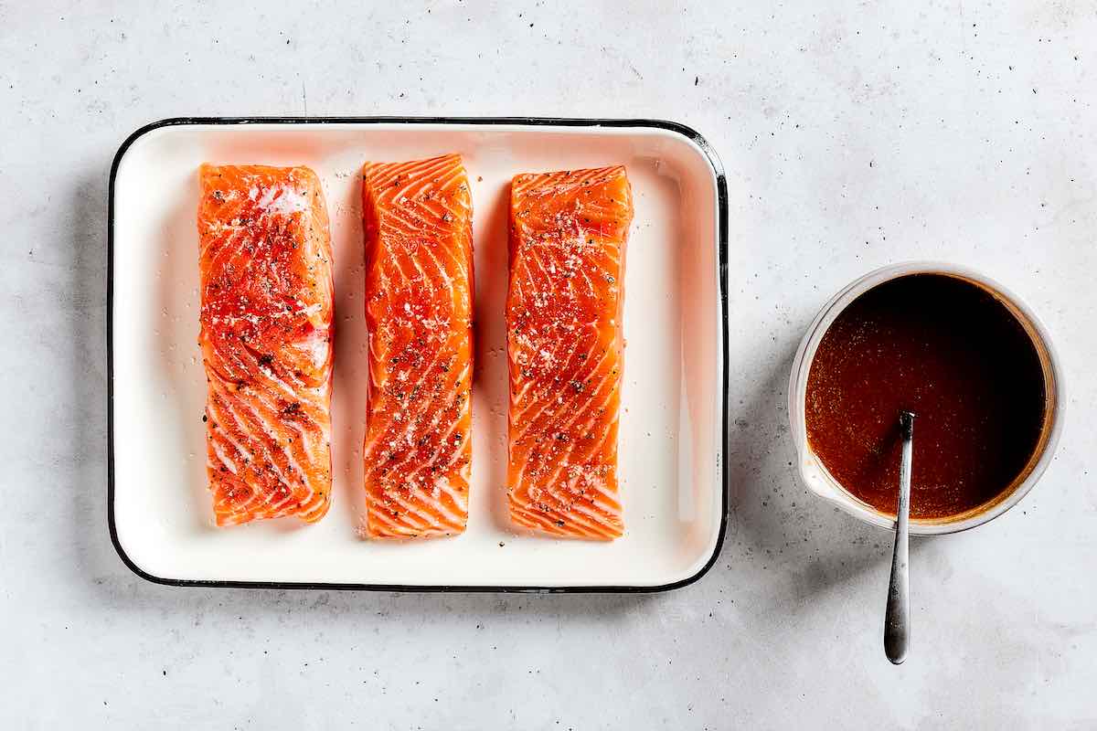 raw seasoned salmon fillets.