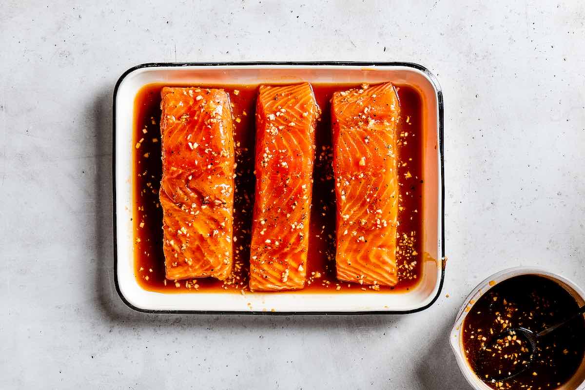 raw salmon fillets with miso glaze.