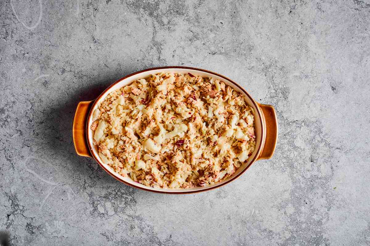 tuna mixture in a baking dish.