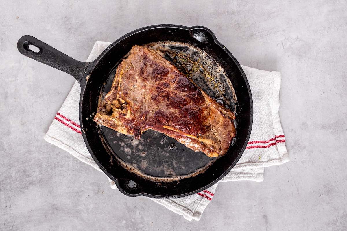 seared steak in butter.