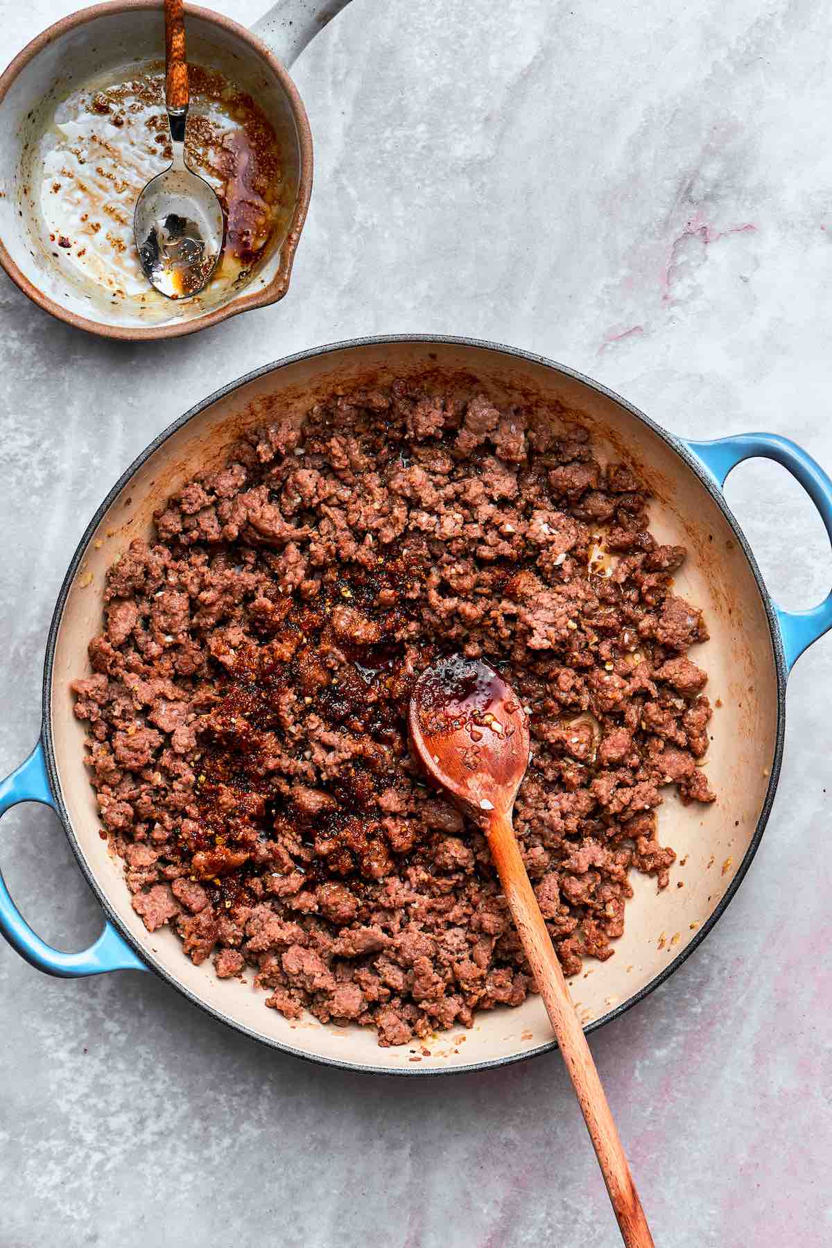 ground beef bulgogi in a skillet.