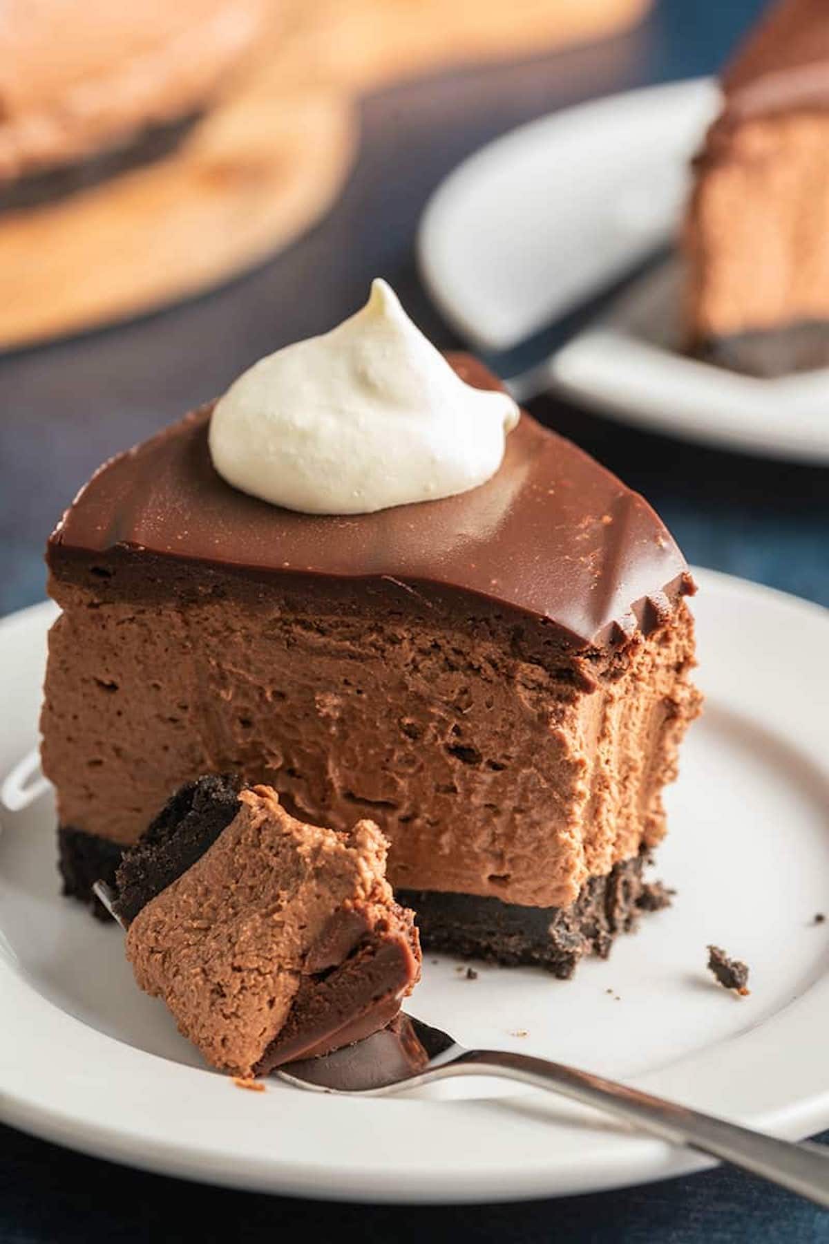 slice of chocolate cheesecake.