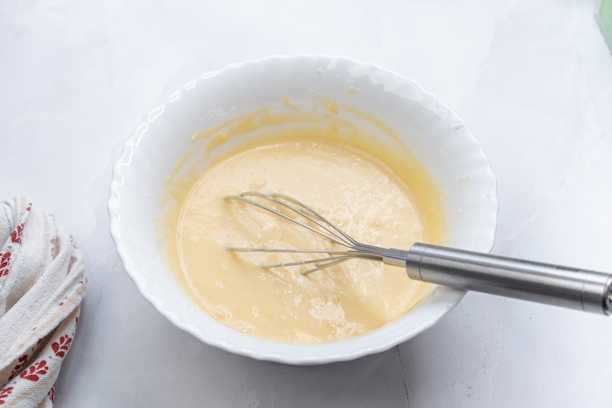 pancake batter in a mixing bowl.