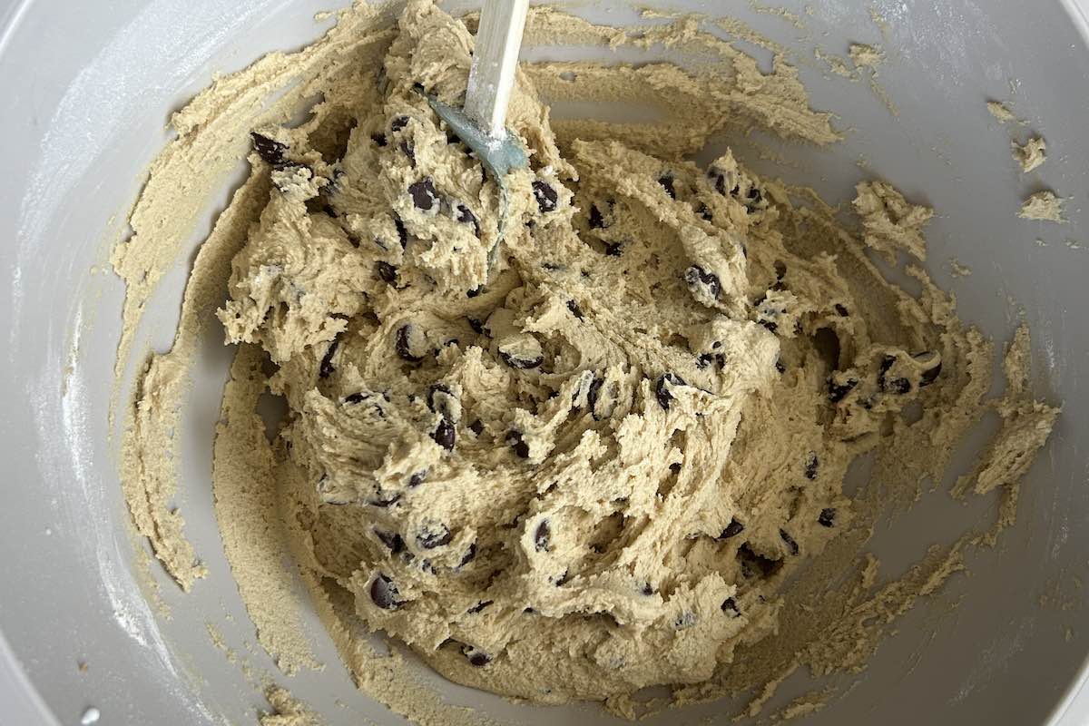 cottage cheese cookie dough in a mixing bowl.