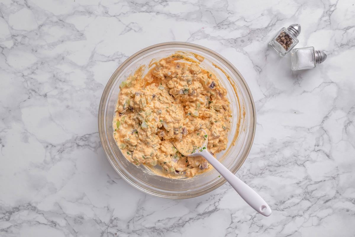 mixed egg salad in a bowl.