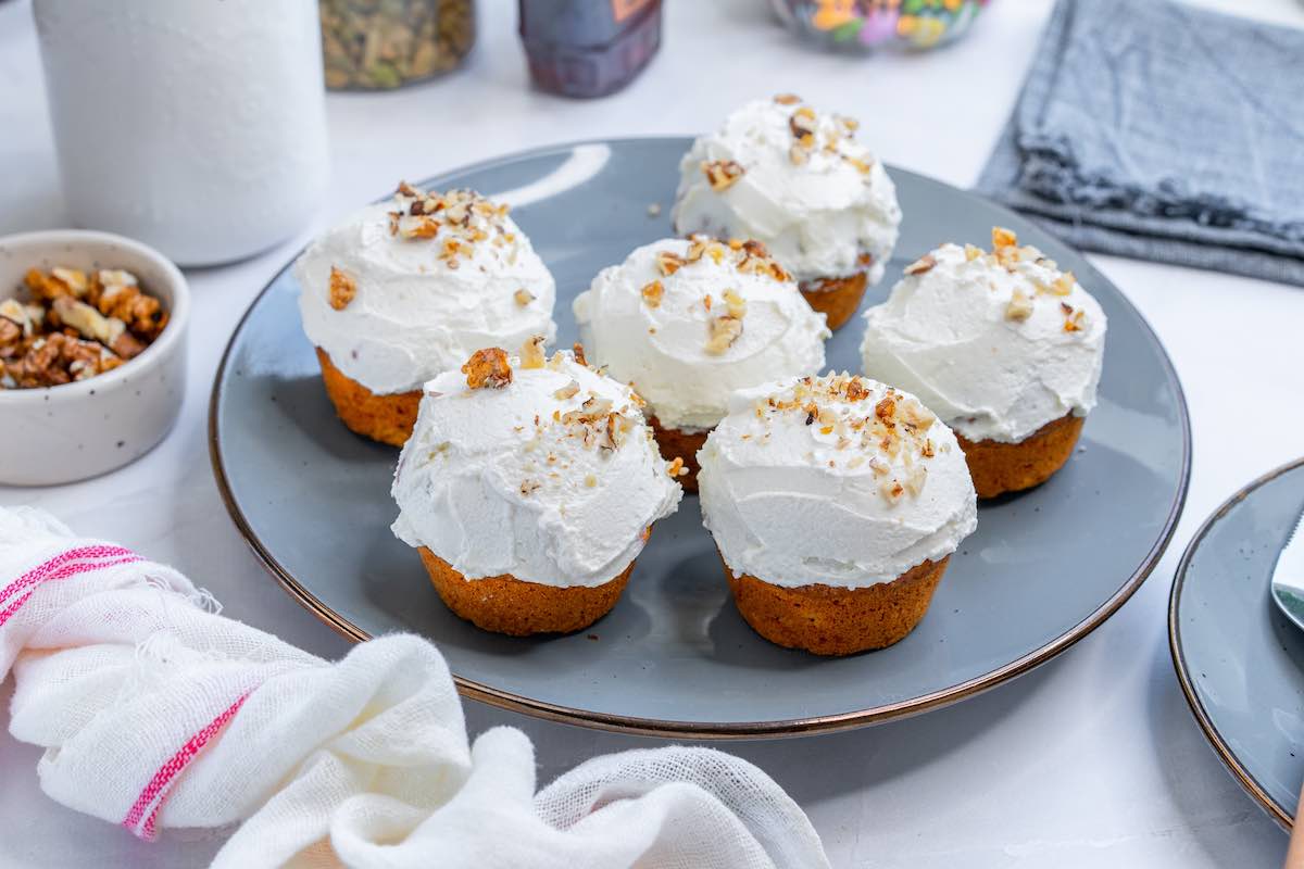 frosted healthy carrot muffins.