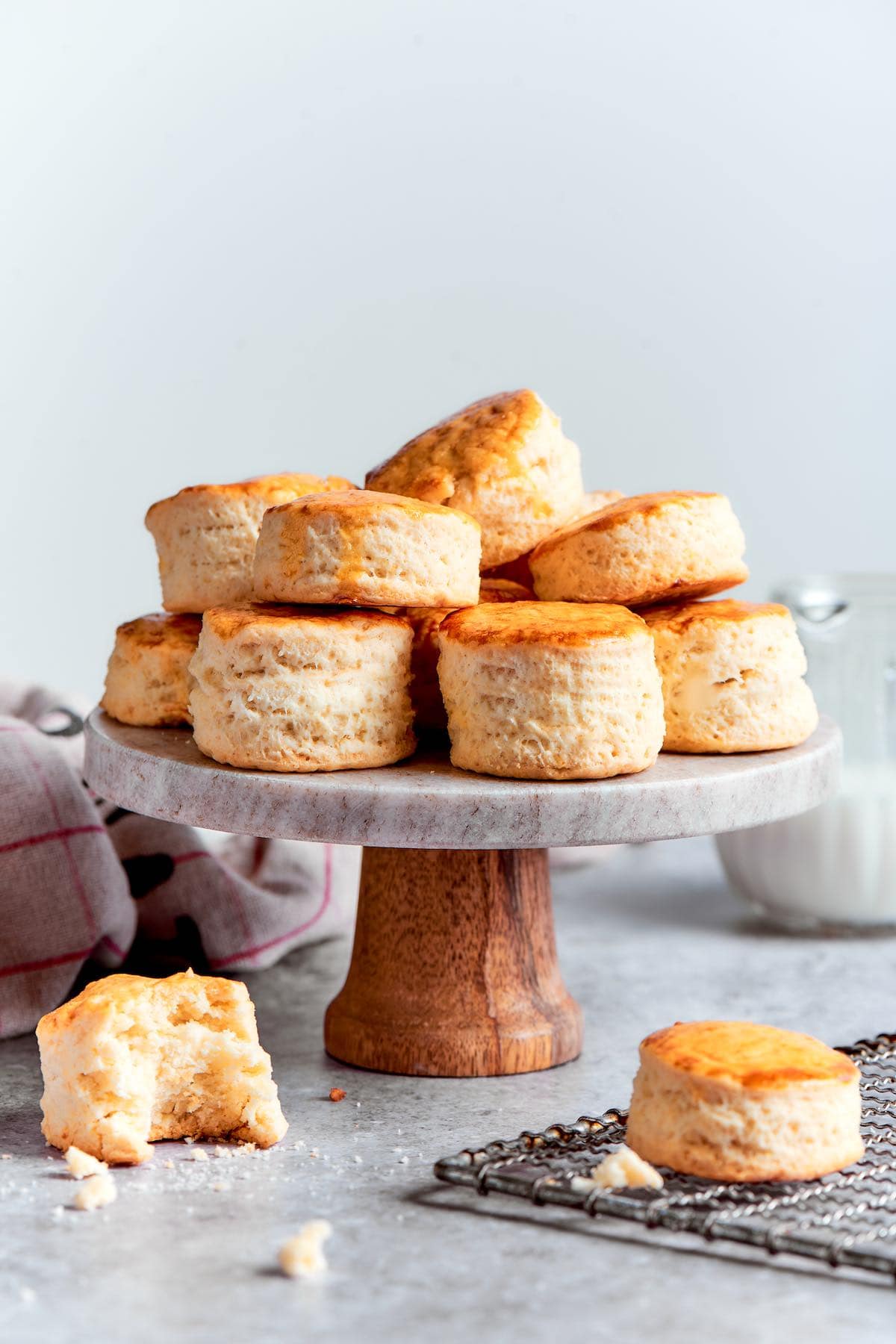 air fryer biscuits on a cake stand.