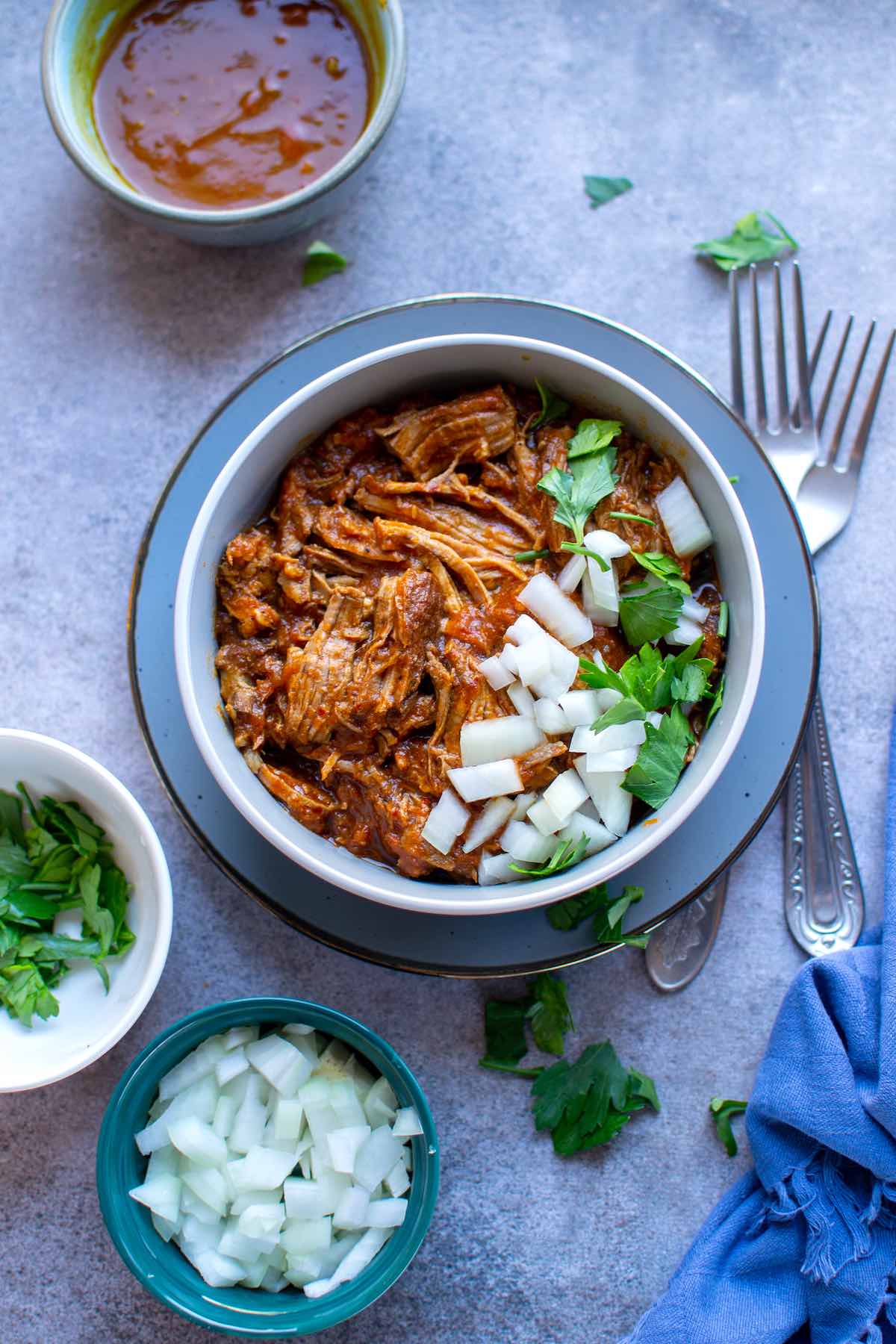 authentic birria recipe in a bowl with fresh herbs and chopped onions.