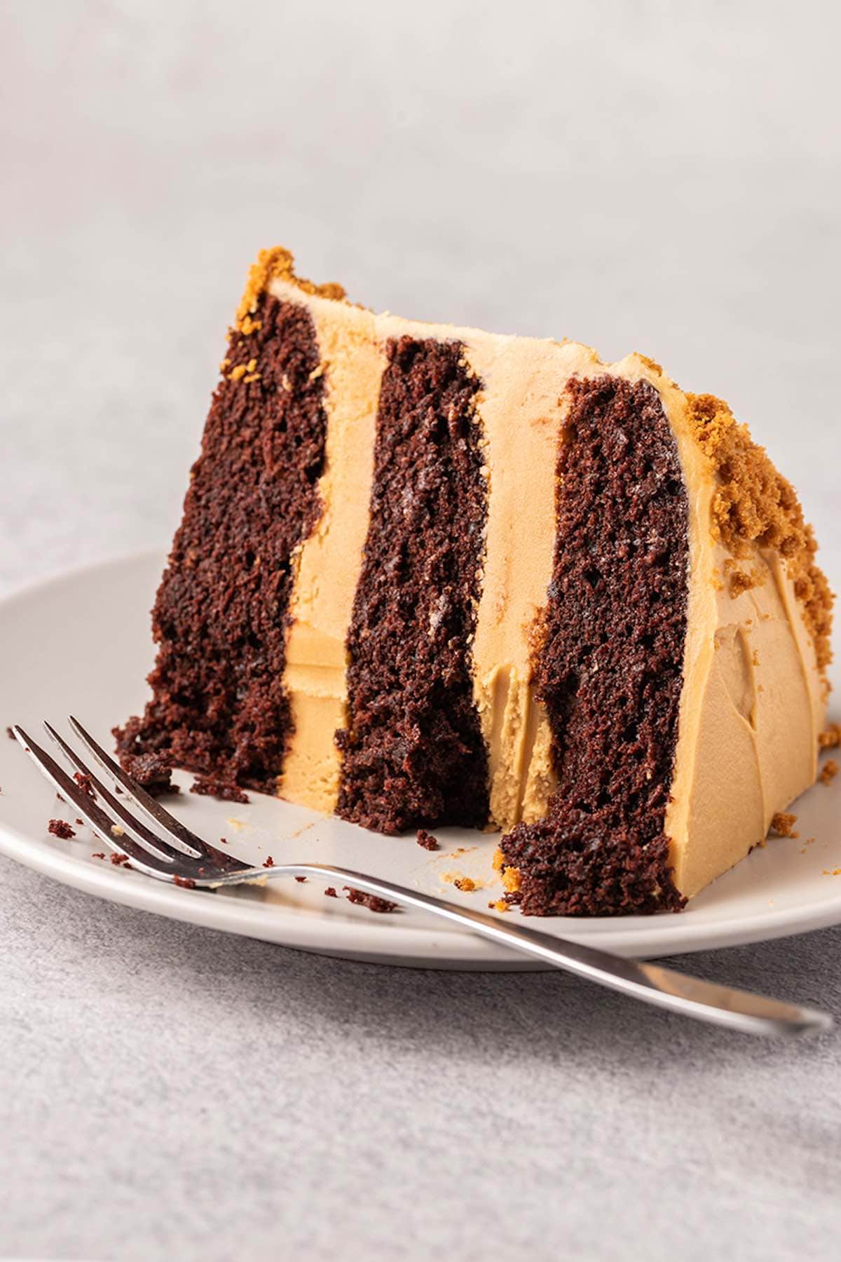 slice of Biscoff cake on a plate.