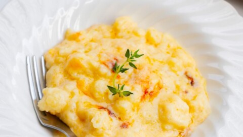 cauliflower mac and cheese in a serving plate.