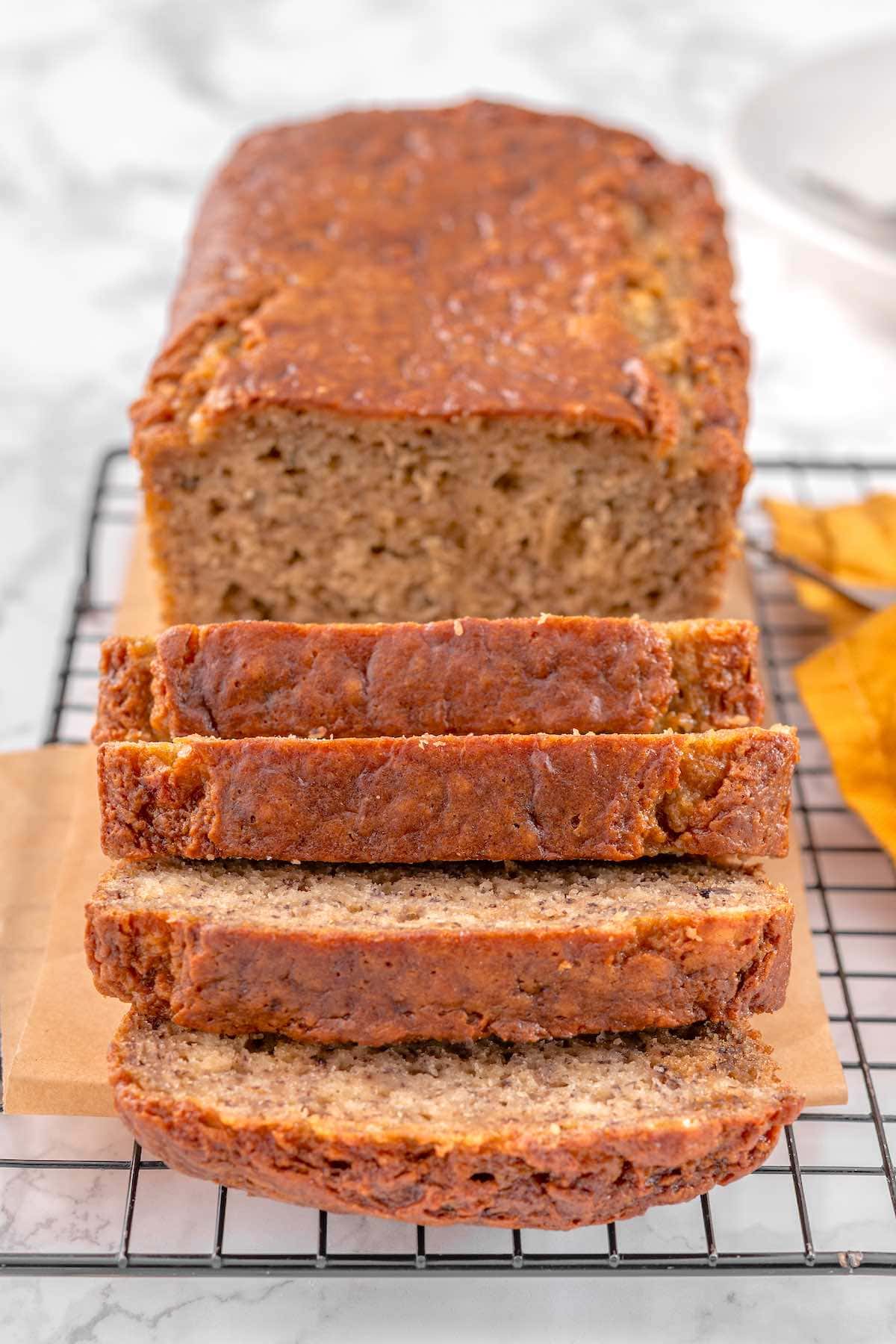 cottage cheese banana bread on a wire rack.