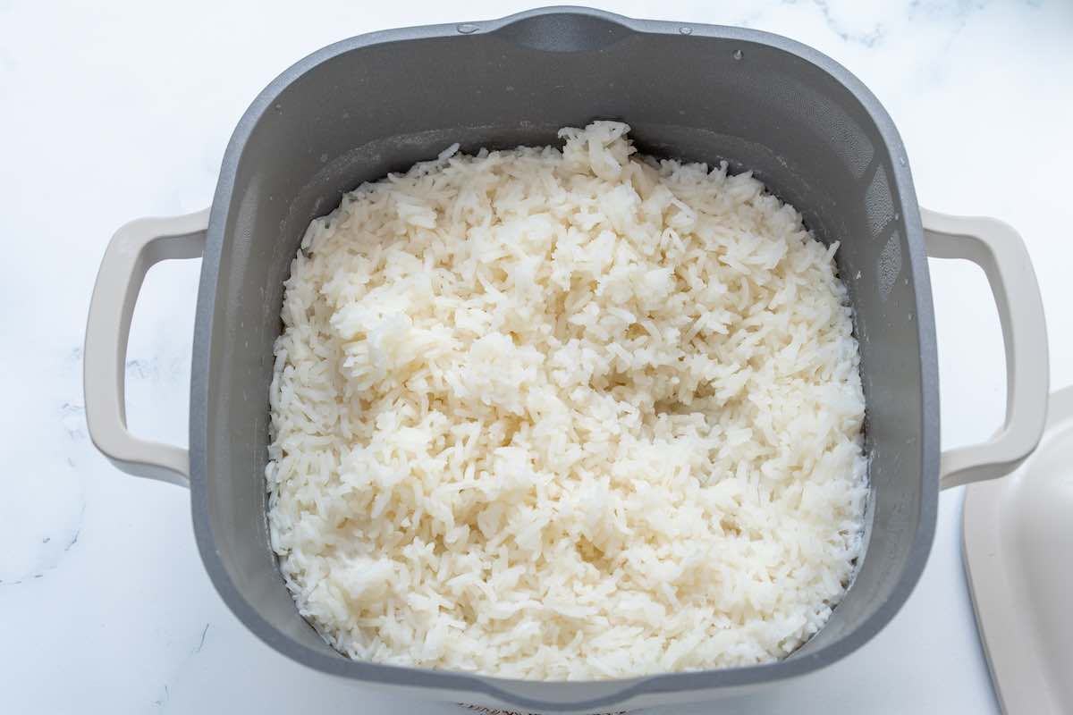 cooked rice in a pot.