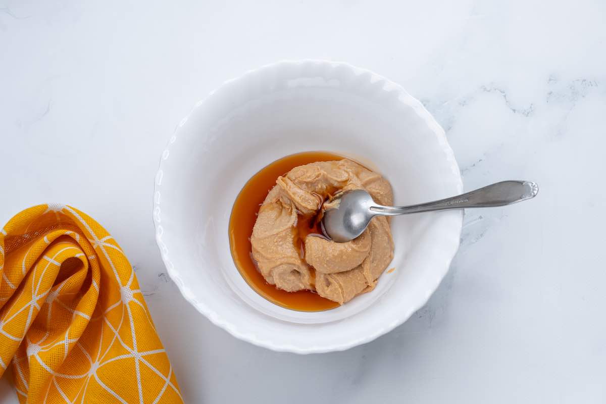 peanut butter and maple syrup in a bowl.