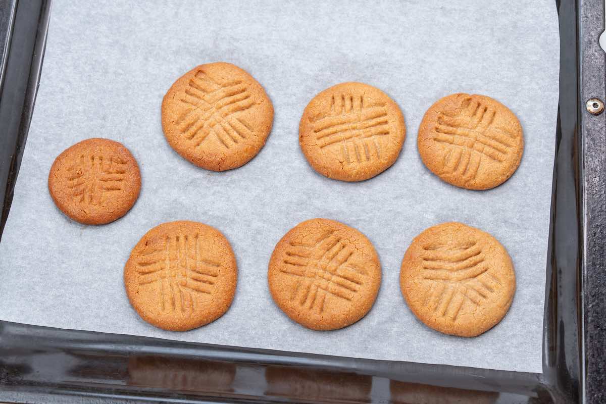 baked two ingredient peanut butter cookies on a lined sheet.